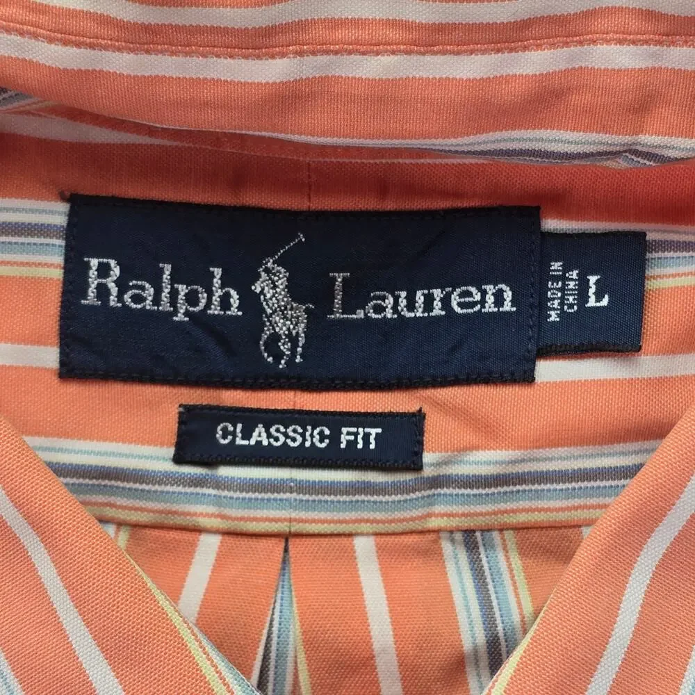Polo Ralph Lauren Shirt Mens Large Classic Fit Orange Striped Button Down Pony